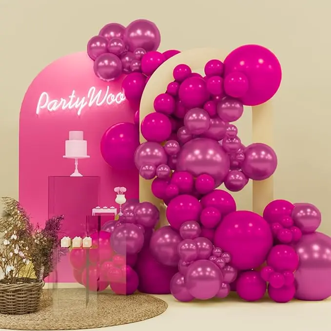 PartyWoo Thick Rubber Round Hot Pink Metallic Balloon Arch Kit (140pcs, 18/12/10/5 in Magenta Fuchsia) - Balloon Arch Backdrop, Decorative, Birthday Theme, Festive for Wedding Events, Decorative Balloons Balloons