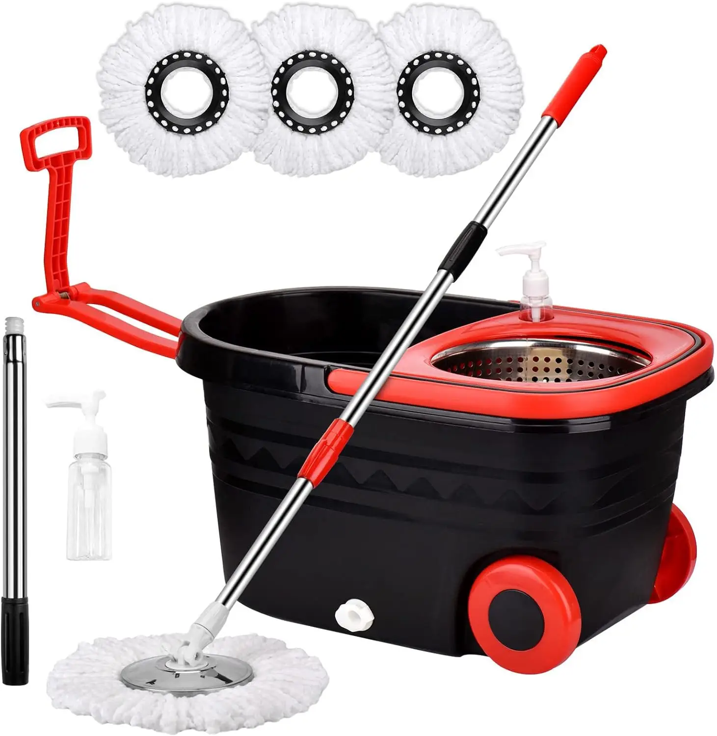360 Easywring Microfiber Spin Mop & Bucket Set with 3 Refills, 60inch Adjustable Handle, Black Kitchen Mop for Effective Cleaning