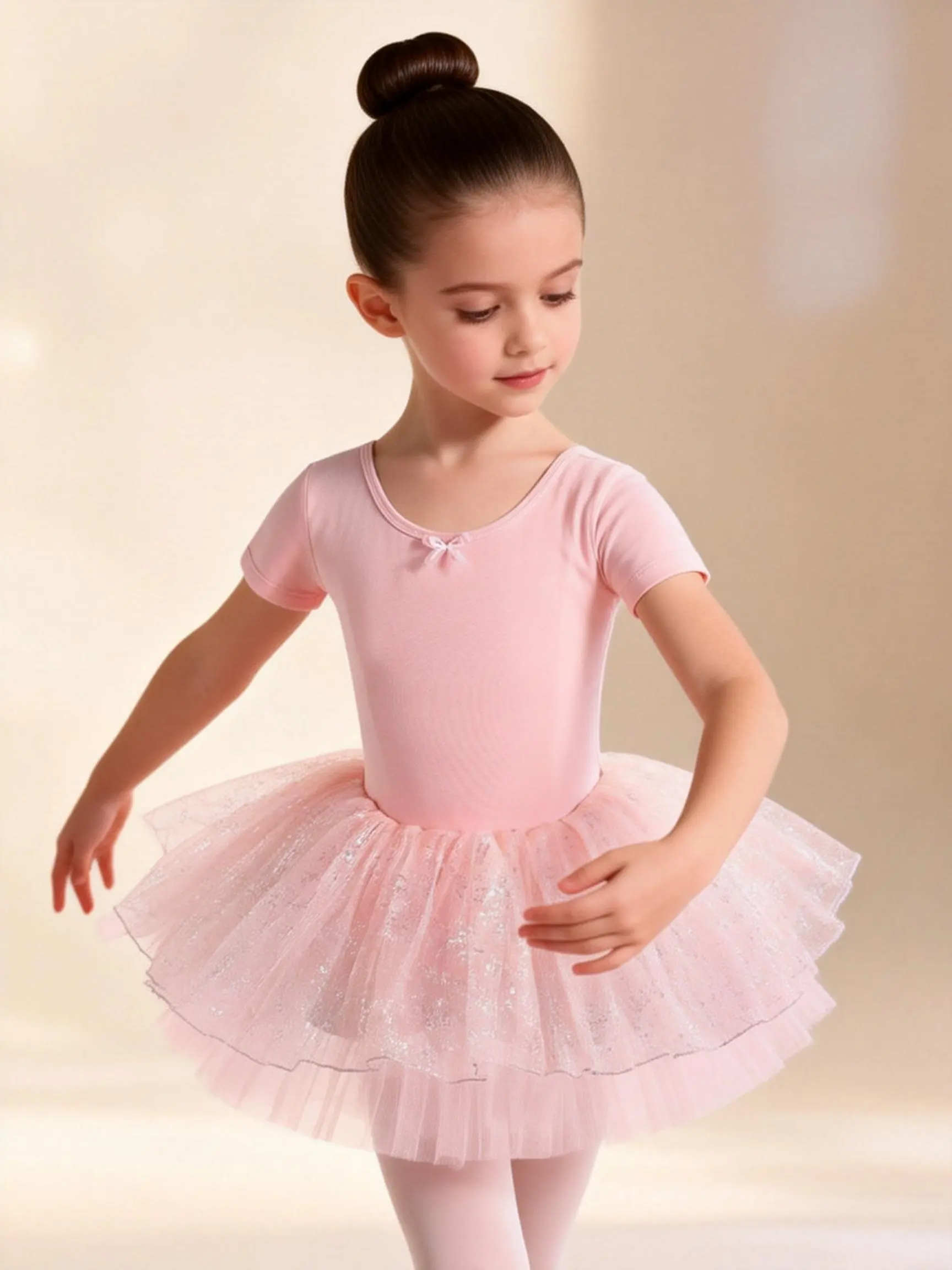 Girls' Minimalist Short-Sleeve Ballet Tutu Dress - Breathable Silver Mesh Tulle, Elegant Crew Neck, Twist Detail, Above the Knee, Anti-Exposure Cut, Suitable for Beginner Children's Everyday Training, Dance Exams, Classic, Cotton-Feel Fabric, Slim Fit, Fi