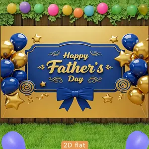 A 2D Flat Banner Featuring a Happy Father'S Day Celebration with Golden And Blue Balloons And Confetti on a Luxurious Polyester Backdrop, Suitable for Decorating for Party Rooms, Homes, Farms, Gardens