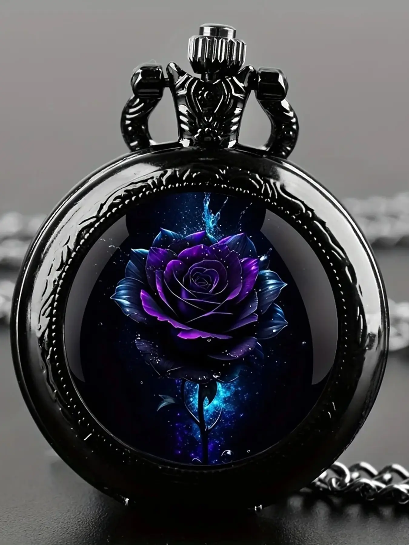 Vintage purple rose quartz pocket watch with black necklace chain, World Time function, alloy case, Jewelry watch, Analog Watch, Round Dial Watch, Exquisite Watch, Quartz Analog Watches