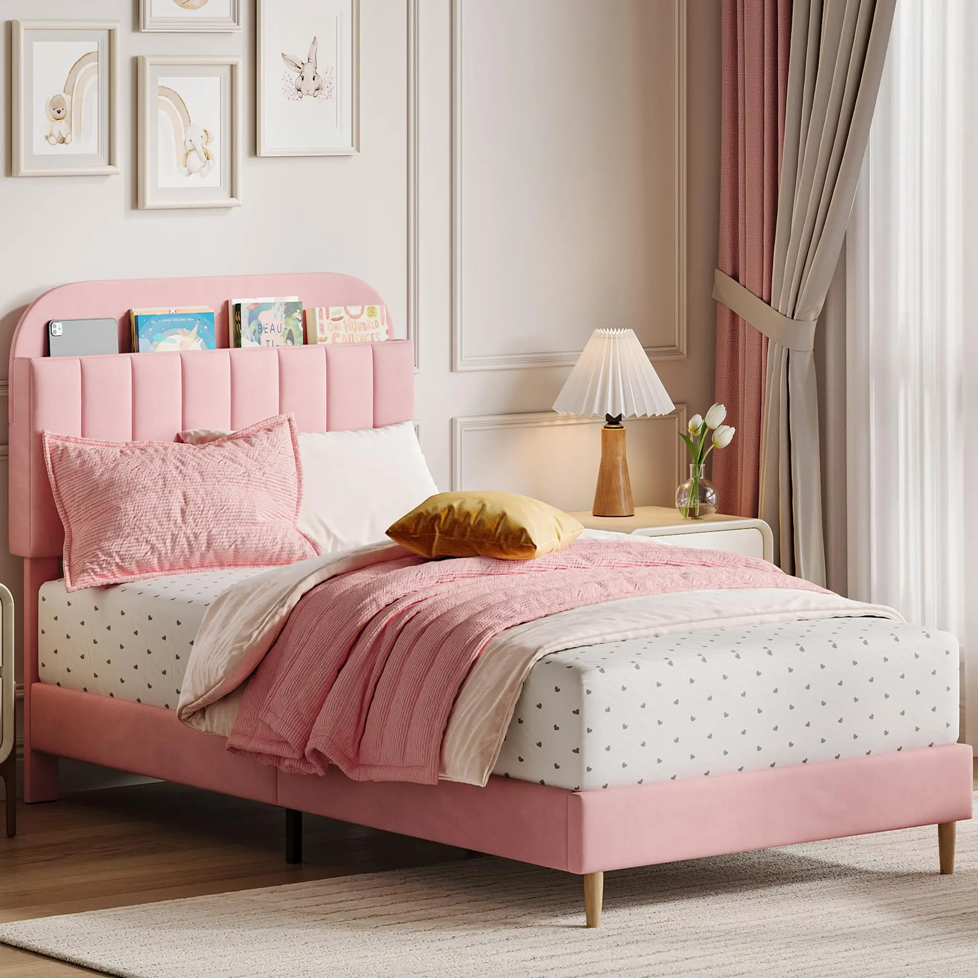 Garvee - Single bed frame with storage headboard, velvet upholstered bed frame for kids, girl's bed, strong wooden slats, noiseless, easy to assemble, no need