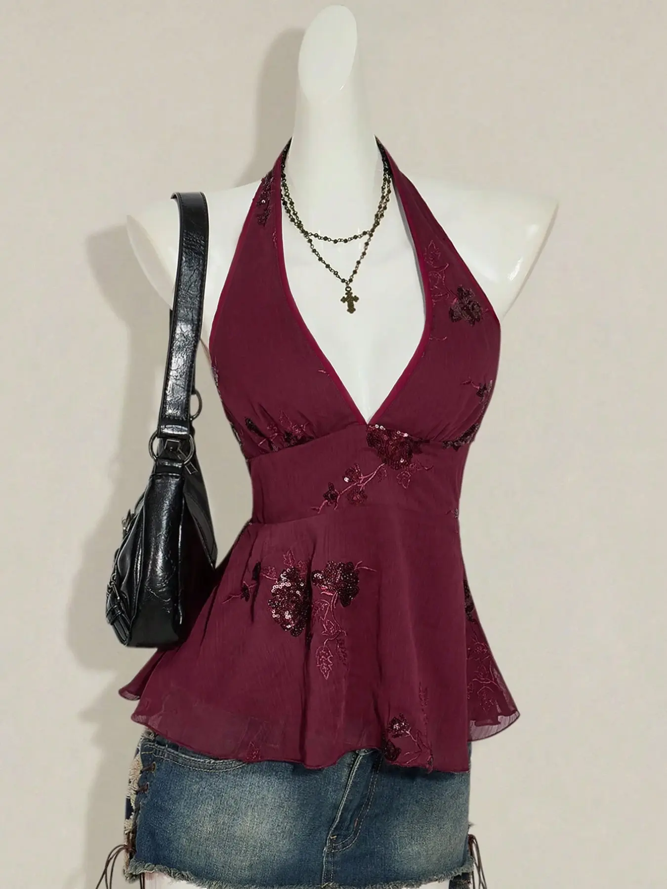 Four Seasons Women's New Fashion Elegant Feminine Deep V Sequined Rose Embroidered Waist Cinching Ruffle Backless Vest Top