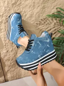 Women's Light Blue Tie-Dye Denim Wedge Shoes, Thick Sole Platform Sneakers, Fall Sweet Cool High Top Casual Footwear