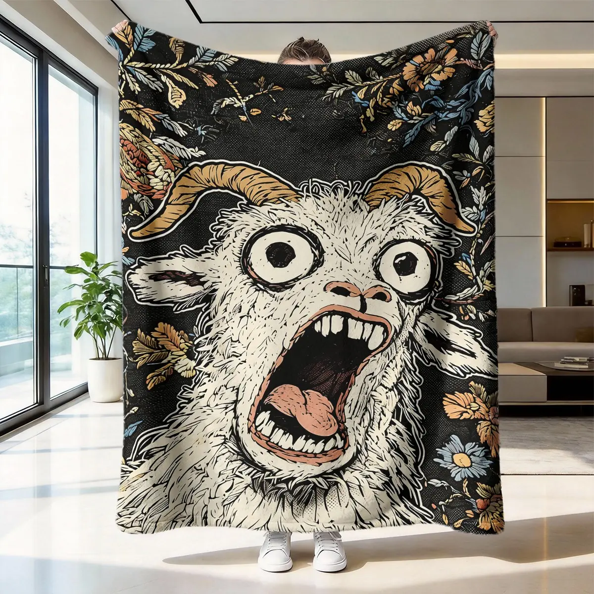 Vintage Floral Screaming Goat Blanket, High-Weight Flannel Fabric, Soft and Warm, Anti-Wrinkle, Easy Clean, Ideal for Gaming, Bedroom, Camping, Cozy Blanket Throw, Throw Blanket, Floral Print Blanket, Blanket Gifts