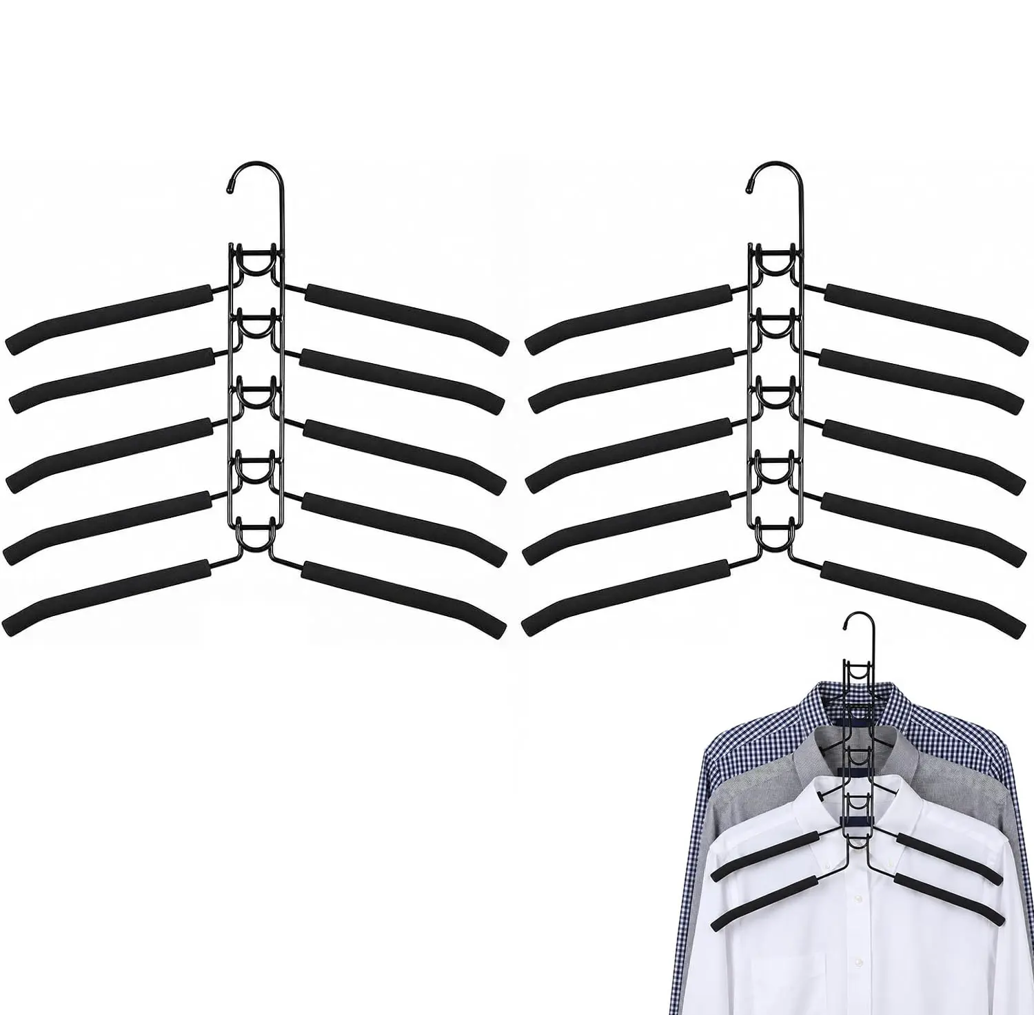 2PCS 5 in 1 Multi Layer Metal Hanger with Non-Slip Foam Padded, Space Saving Closet Organizer, Multi Layers Wardrobe Clothes Rack for Storage Coat, Suit, Sweater, T-Shirt