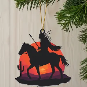 Native American Warrior on Horse Acrylic Ornament - Sunset Desert Silhouette Christmas Decoration