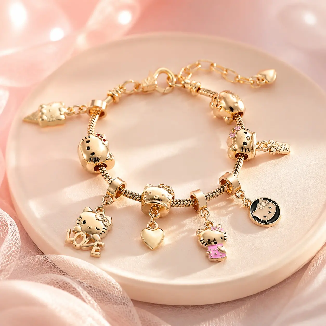 Sanrio HelloKitty Charms Bracelet, Kawaii Snake Chain Adjustable Size Bracelet, Perfect Gift for Friends Family