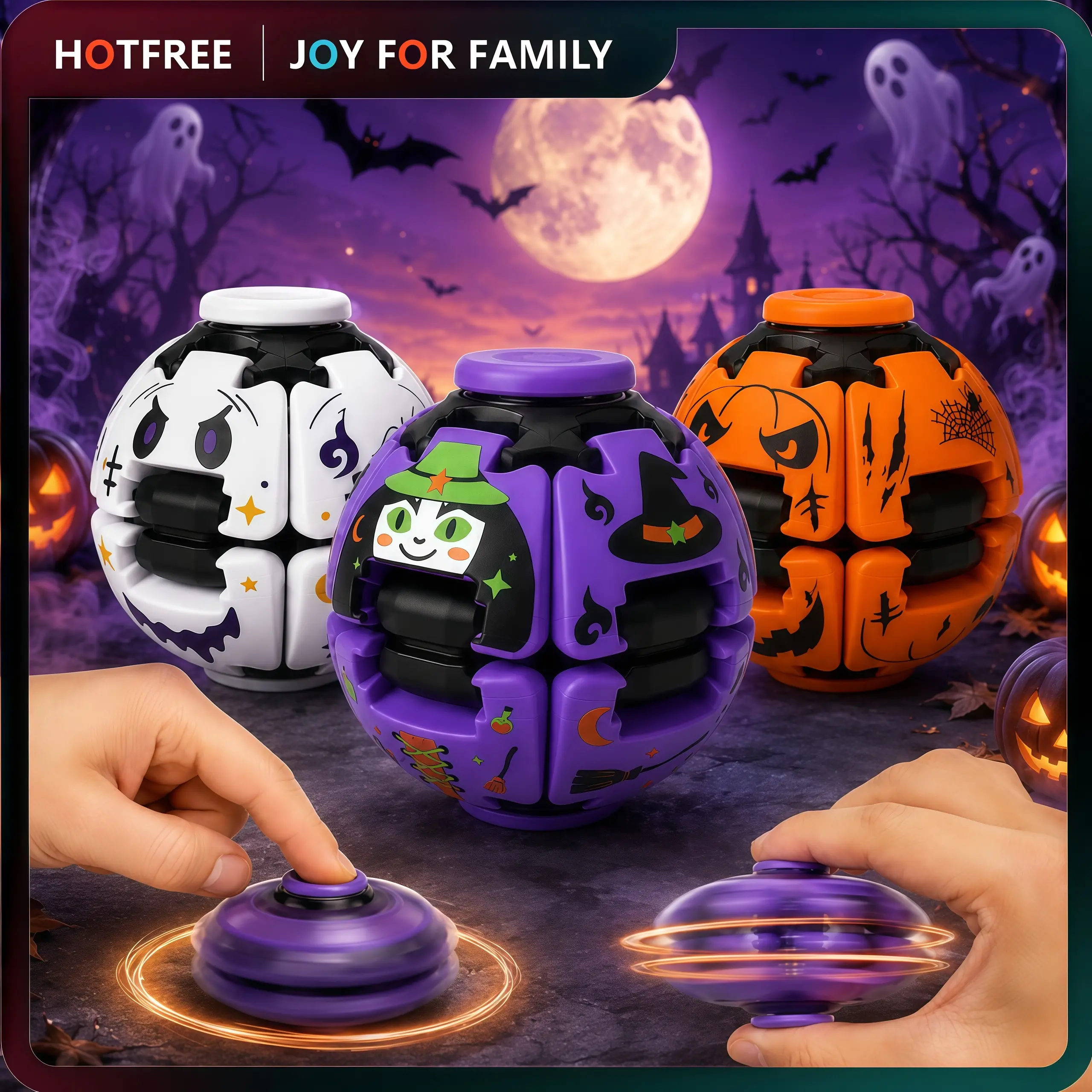 Hotfree Halloween Press-to-Spin Transforming Fidget Ball, Viral Popular Smooth Spinning Sensory Gyro Toy, Stress Relief Desk Gadget, Anxiety Relief Fidget Spinner, ADHD Focus Aid, Portable Handheld Fidget Toy for Kids, Teens and Adults