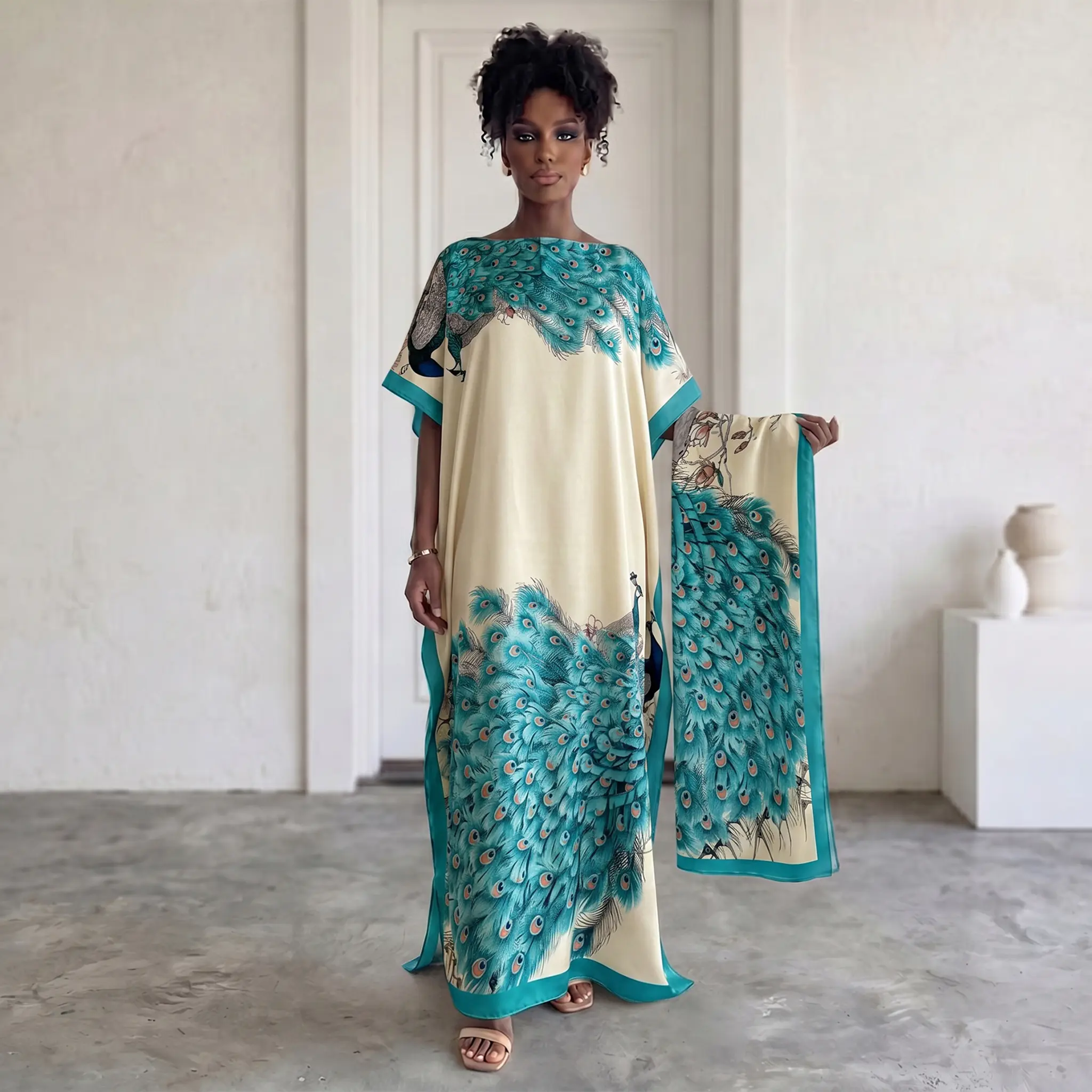 Moo Moo Kaftan Set With Matching Hijab, Luxury Cream Base Teal Peacock Feather Print Glossy Satin, Silky Loose Side Split Maxi Dress, Noble Elegant Modest Outfit For Party Holiday Wedding Daily Summer Beach Wear