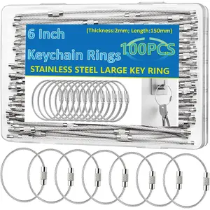 50Pack, 100Pack(Can Choose) Key chain 6 inch Keychain Rings 2mm Stainless Steel Large Key Ring for Key Tags,Keyrings, Luggage Tags,ID Tag Keepers,Car Keys Wire Keychain Cable Packed in Box