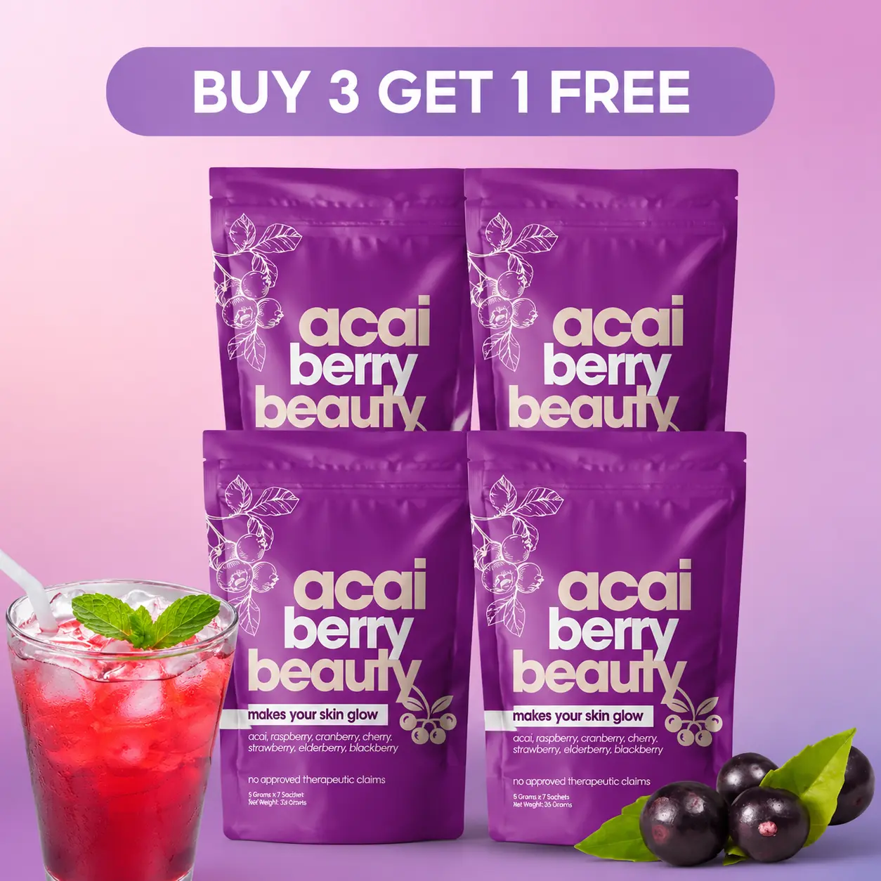 Buy 3 Get 1 Free | Weekit7 Acai Berry 7-in-1 Mixed Berries Drink - 28-Day Antioxidant & Glow Plan, Low Sugar, Organic, Vitamin C Wellness Supplement