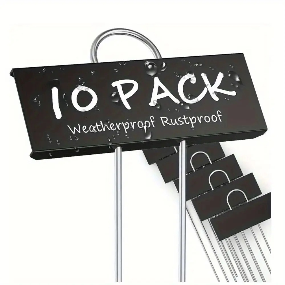 10 piece metal plant labels, waterproof garden markers, 10.6 inches in height, label area 3.5 inches X 1.2 inches, reusable seedling tags for vegetable, herb, flower seeds and greenhouses - black, Metal Build, Waterproof Labels