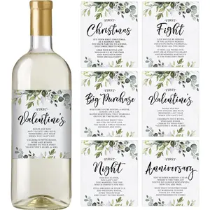 Printed Party Marriage Milestones, Greenery Wedding Firsts, 6 Wine Bottle Labels
