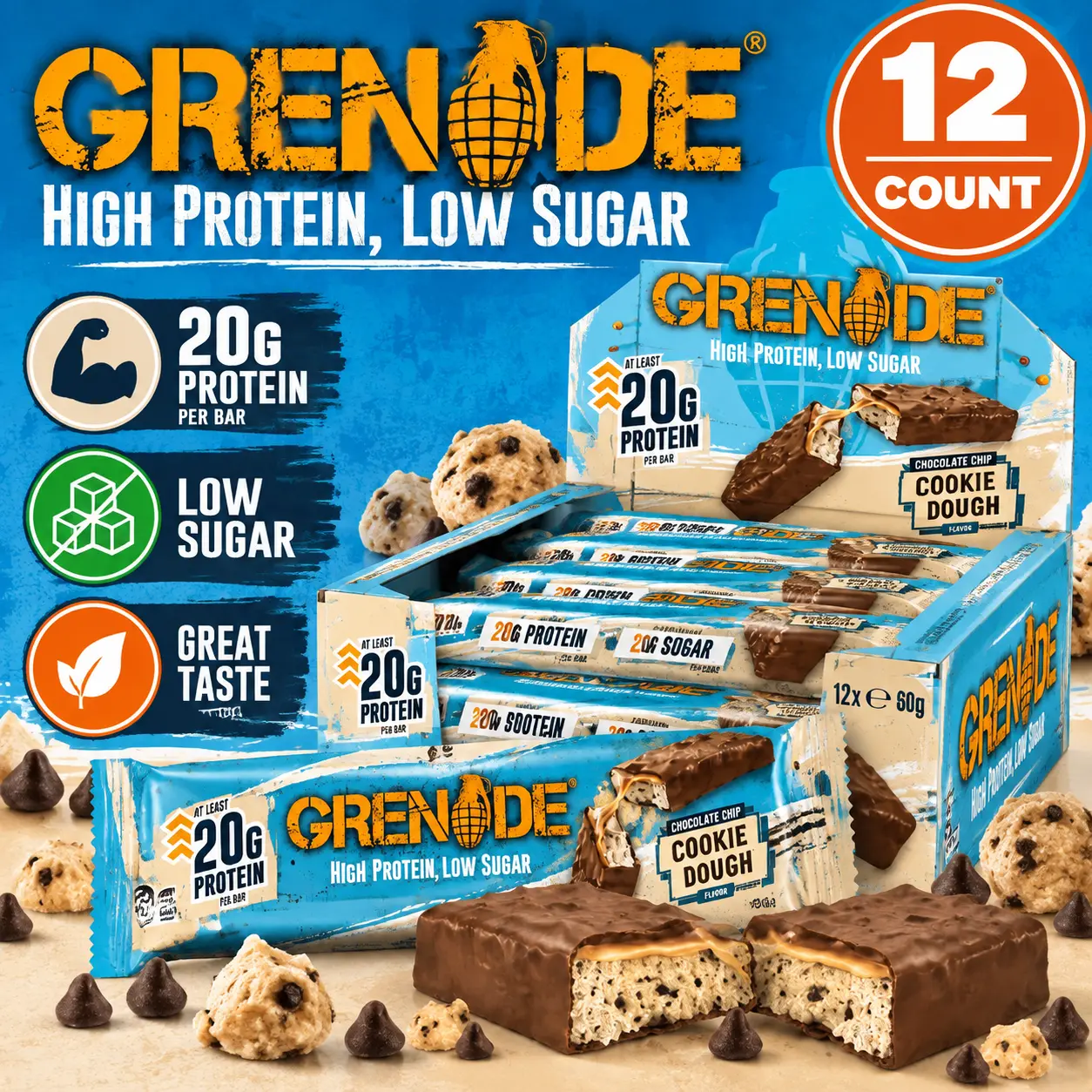 Grenade UK Chocolate Chip Cookie Dough Protein Bar, 2.12 oz, 12 Bars - Imported British High-Protein Fitness Snacks