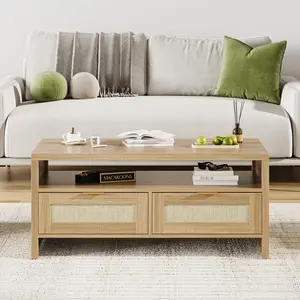 2‑Tier Boho Coffee Table with Storage – 40″ Mid‑Century Rattan Console Table with Drawers & Open Shelf – Wooden Center Coffee Table for Living Room, Apartment, Farmhouse, Bedroom, Small Space