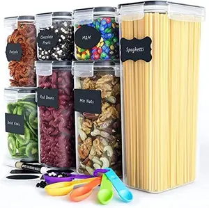 Airtight Food Storage Containers for Kitchen Organization 7 PC - Plastic Food Canisters with Lids, Labels, Marker & Spoons for Pantry Organization and Storage - Cereal, Flour and Sugar Containers Utensils Set Organiser Utility Tin