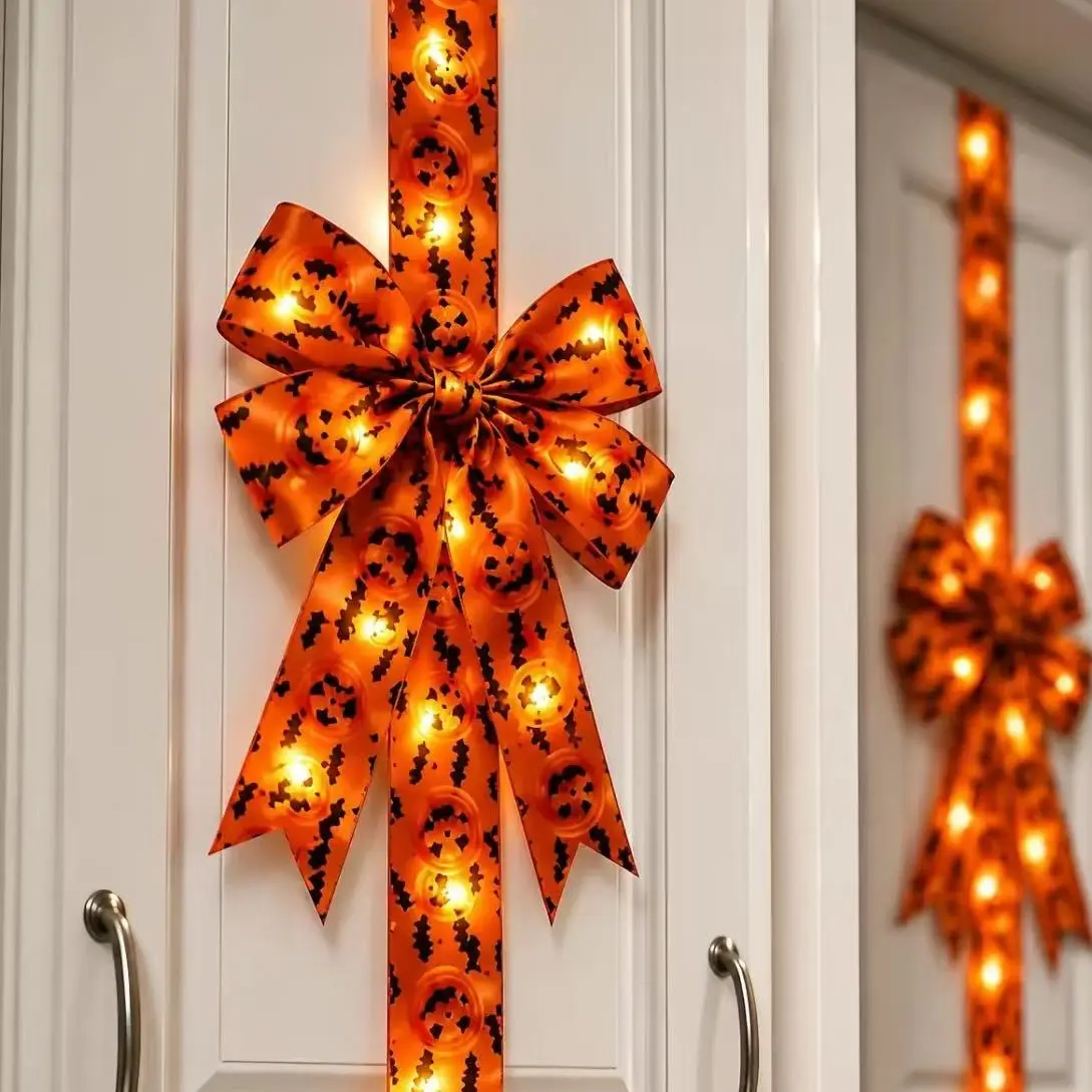 LED Light-Up Halloween Cabinet Door Bow, 79in Large Orange Pumpkin Bat Ribbon Hanging Decoration for Indoor Kitchen Home Decor
