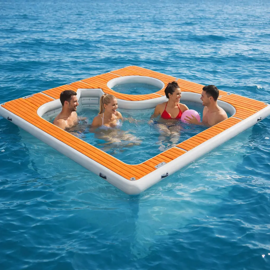 GYUG 12×10/13×13ft Inflatable Sea Pool Modular Floating Dock with Dual Depth Design, 0.7mm PVC Safety Mesh Net, Ocean Party Floating Platform for Water Recreation