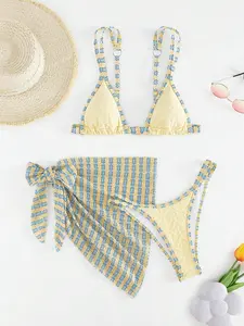 Geometric Stripe Bikini Set, Triangle Cup Separated Swimsuit + Chiffon Cover-Up, Retro Blue Striped Print, Beach Vacation Swimwear