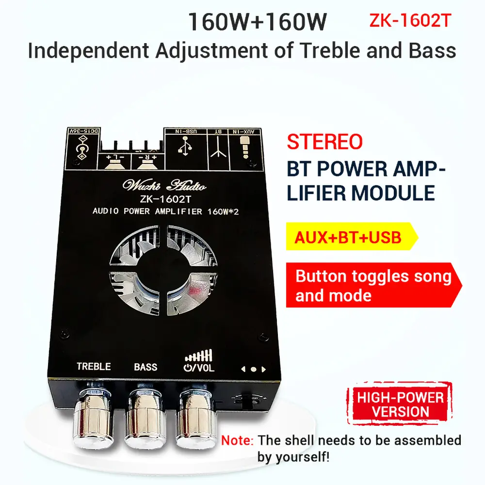 Original Wuzhi Audio ZK-1602T TDA7498E Bluetooth 5.0 2.0 Channel Amplifier Board Module, 160Wx2 Output, DC 15V-36V, USB, Overload Protection, Subwoofer-Compatible Stereo Amplifier