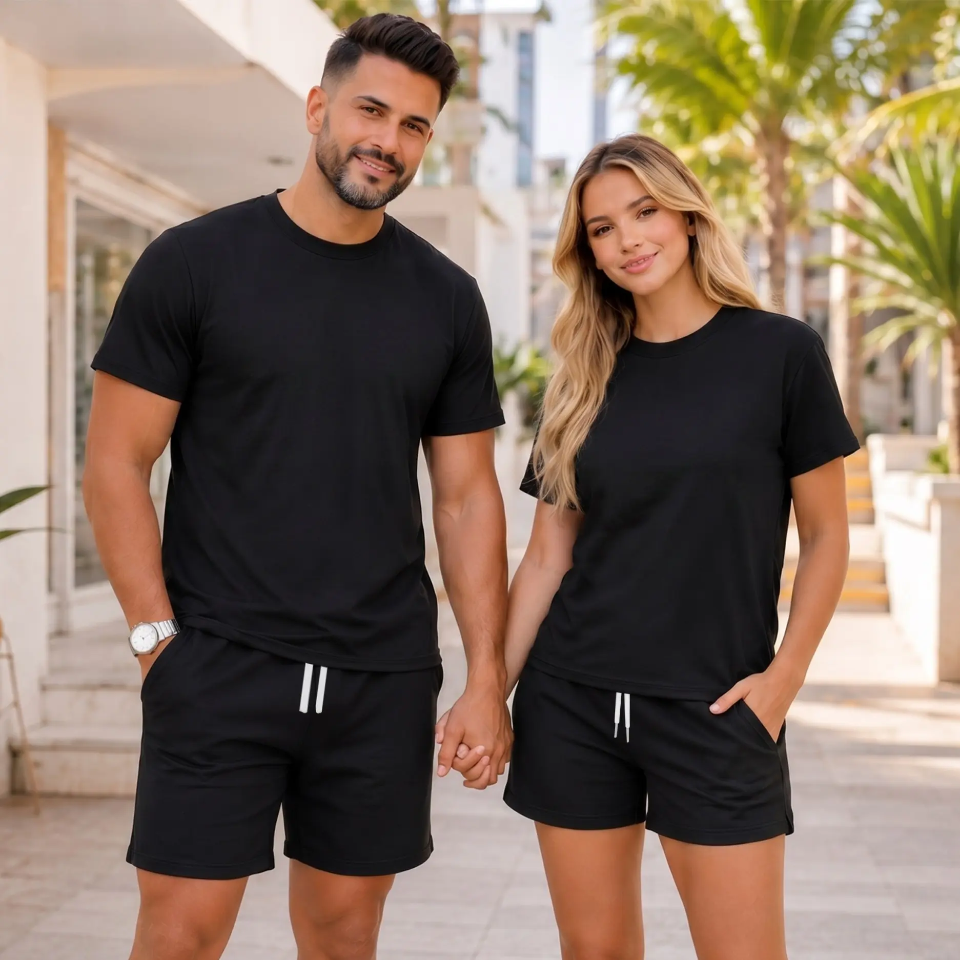 Couples’ Matching Short Sleeve T-Shirt and Shorts Set, Casual Summer Two-Piece Outfit with Crew Neck Tops and Drawstring Shorts for Daily Wear