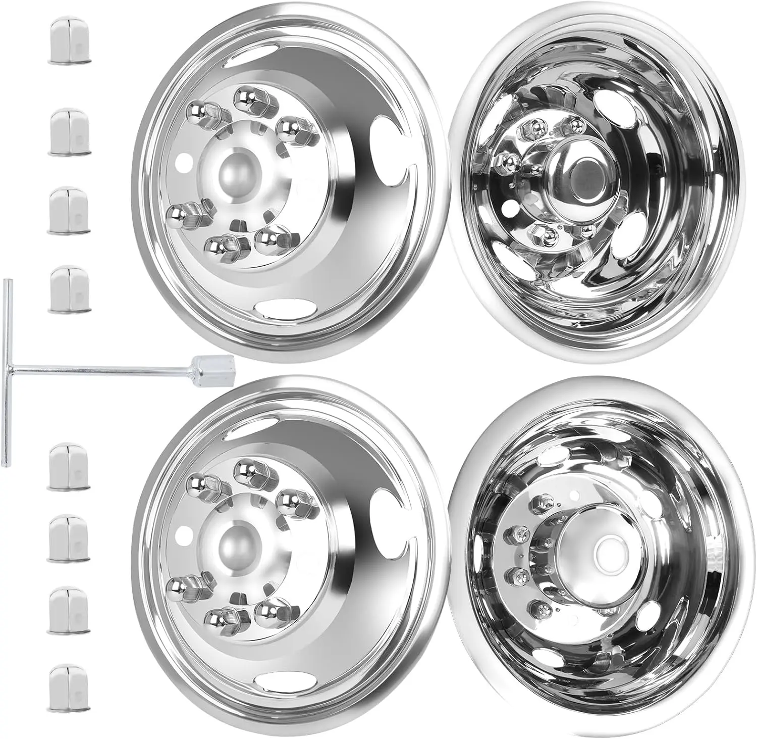 17" Polished Surface wheel simulator, 8 Lug Stainless Steel Hubcaps,2Pcs Front Wheel/2Pcs Rear Wheel,Bolts On Wheel Cover kit for Ford 2005-2022 F350