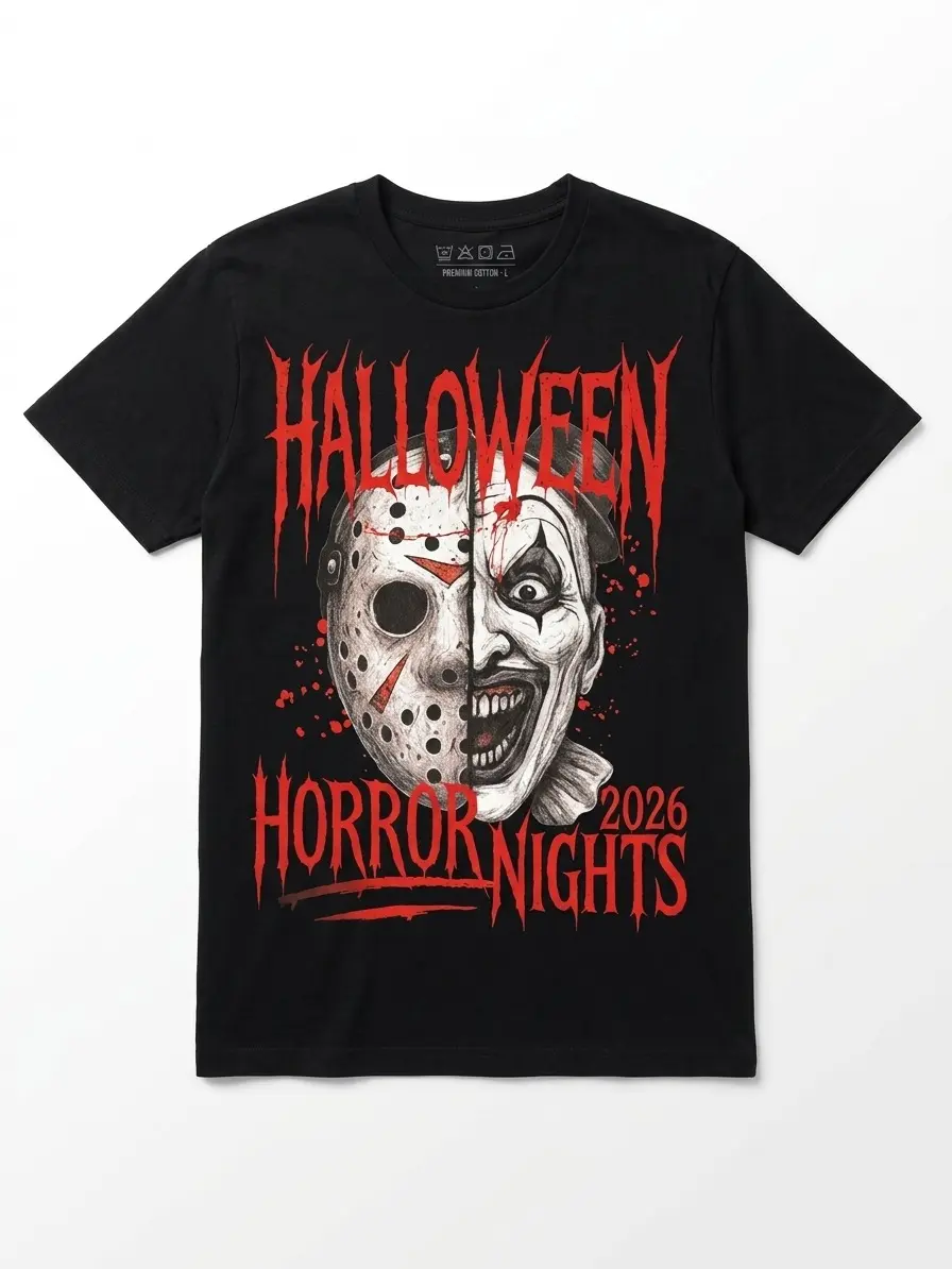 Halloween Horror Nights 2026 Slasher Clown Mashup Graphic T-Shirt, HHN 2026, Halloween Horror Nights T-Shirt, Spooky Killer Tee, Horror Movie Fan Gear