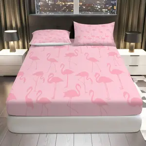 3Pcs Pink Flamingo Pattern Fitted Sheet Three Piece Set (1*Fitted Sheet+2*Pillowcases, Coreless), Summer Theme, Flamingo Bedding Set, Bedroom Living Room Decor, Soft, Breathable, Breathable Sheets