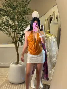 Sequin Halter Top - Orange, Fashionable Design as Seen Worn by the Model, Sparkly Sequin Embellishment, Adjustable Fit, Perfect for Summer Outfits