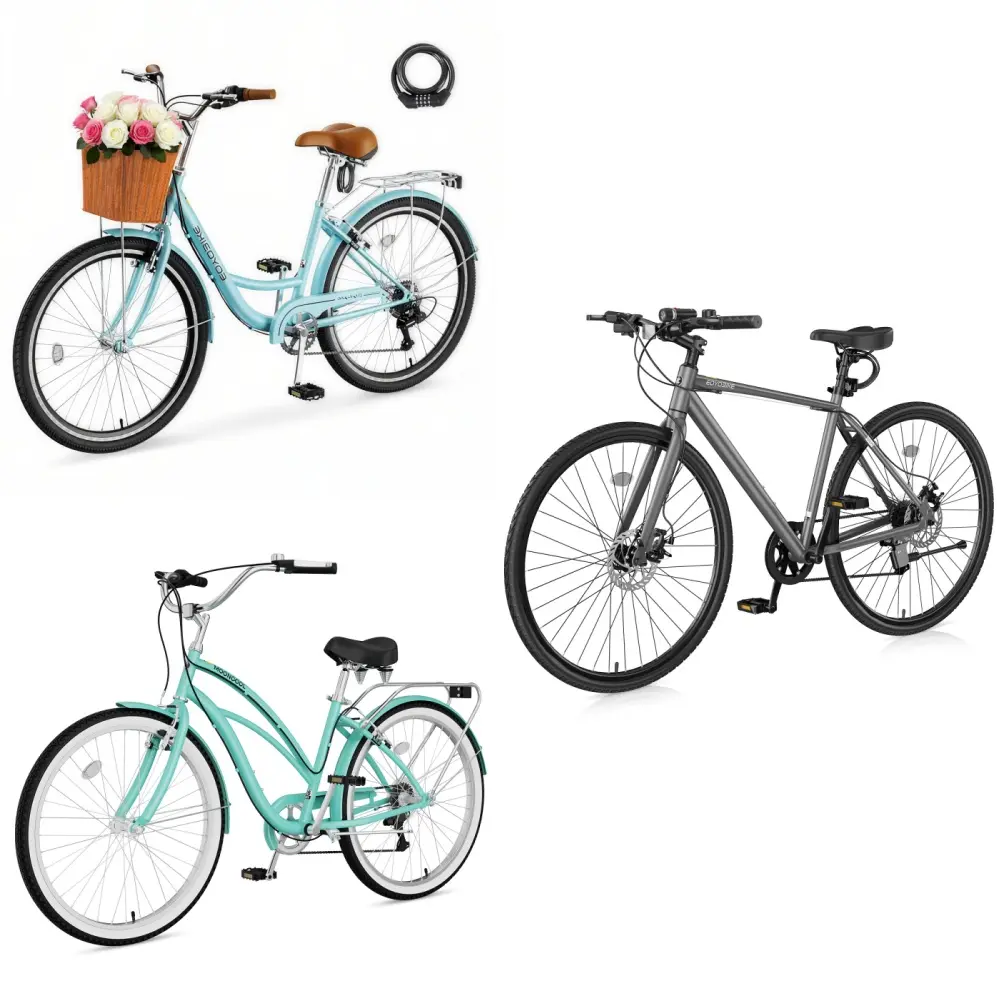 EOYOBIKE 24"/26"/700C Adult Hybrid Cruiser Bike, 7/8-Speed Step-Through Commuter Bicycle with Rear Rack & Front Basket for Beach, City & Light Trail