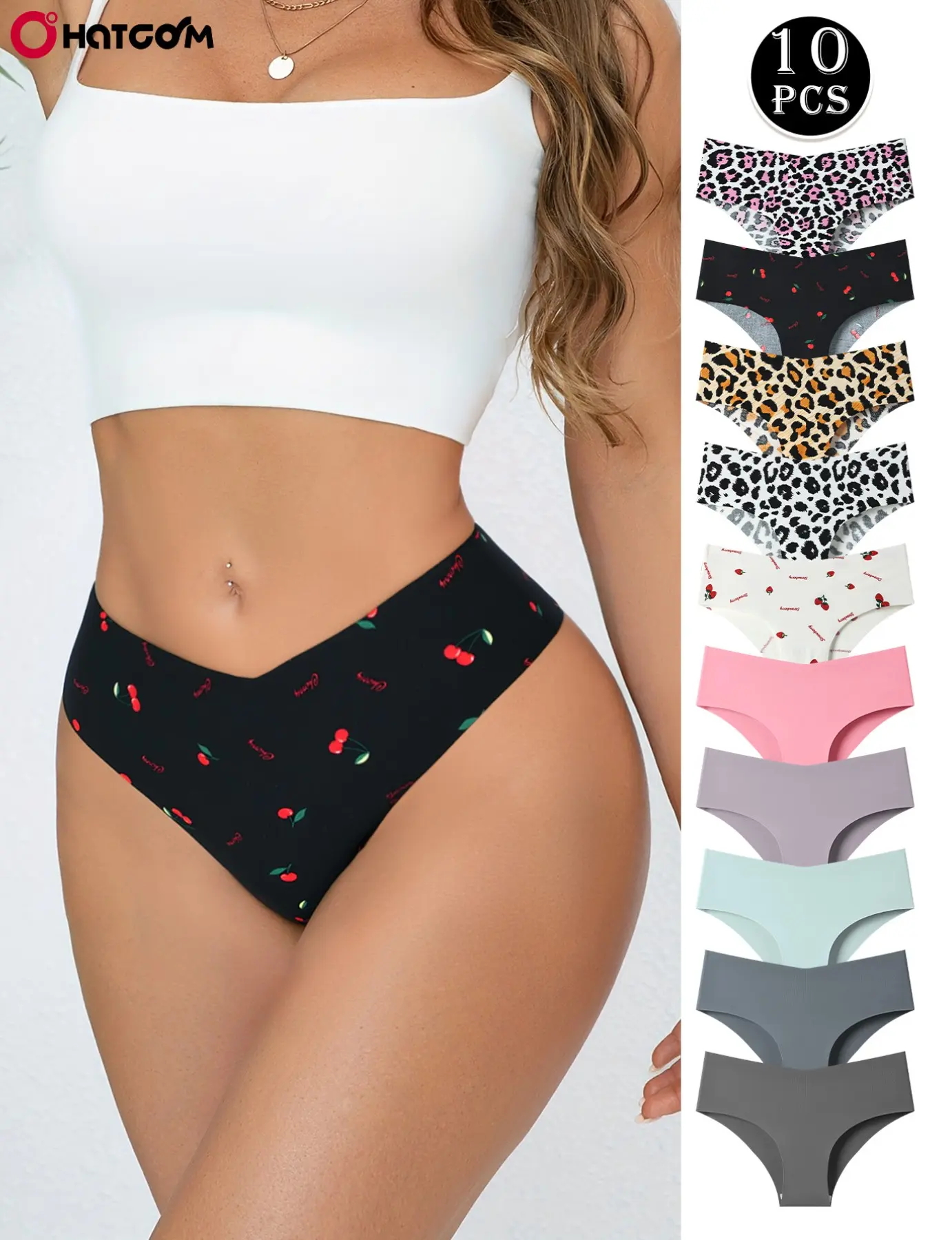 HOTCOM 10-Pack Women's Seamless Breathable Casual Underwear, Panties, Casual Breathable Knicker, Low-Waist Triangle Pants, Polka Dot, Leopard Print, Floral, Striped, Solid Colors, Summer Style