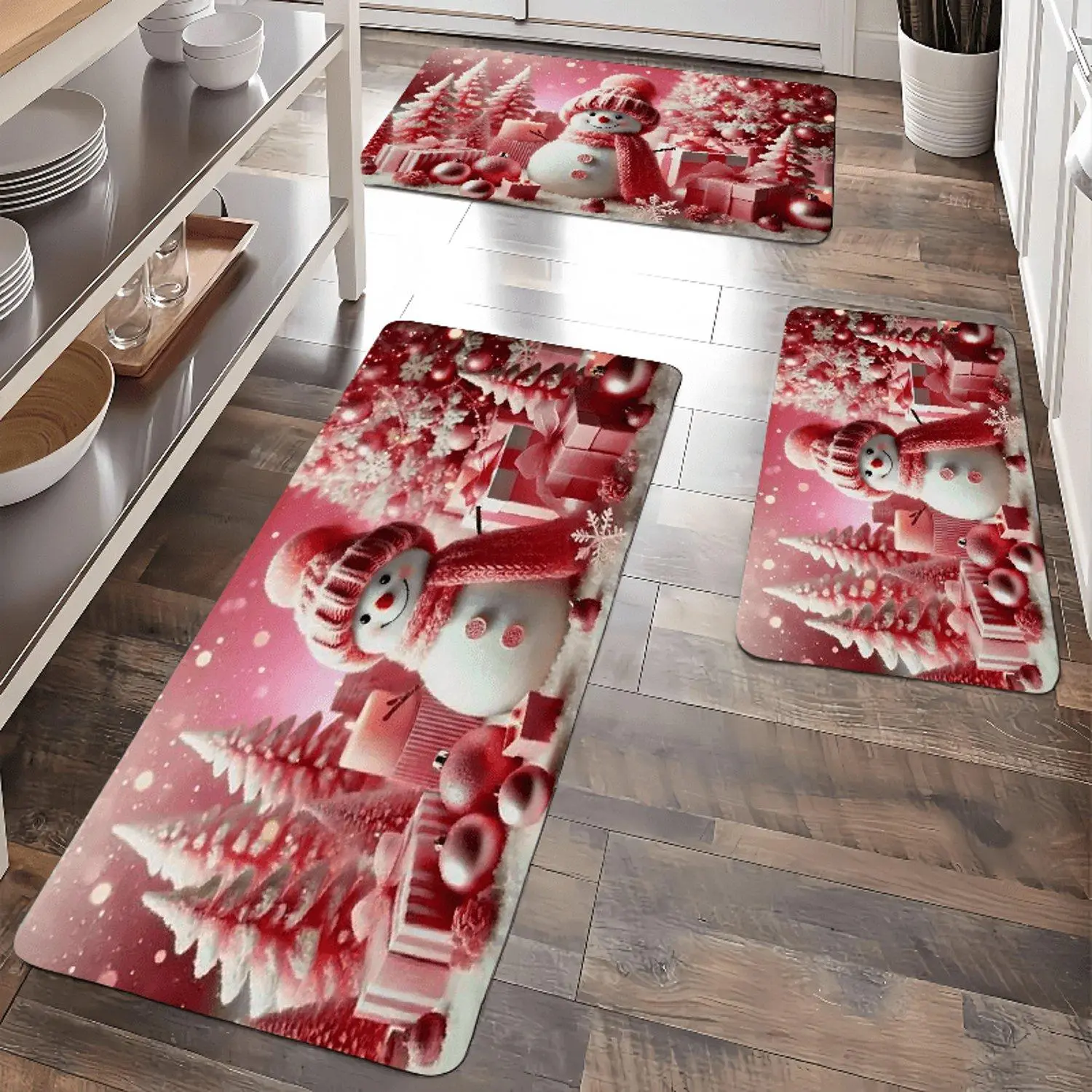1pc Merry Christmas Pink Snowman Tree Theme Printed Kitchen Mat, Light Weight Mat with Soft Cushioning for Living Room, Bedroom, Kitchen