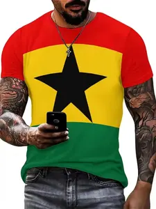 Ghana Flag T-Shirt Print, Ghana Cultural Clothing with African Star Logo, Soft Polyester Fabric, Comfortable Short Sleeve Round Neck, Casual, Streetwear, Top, Fashion, Menswear
