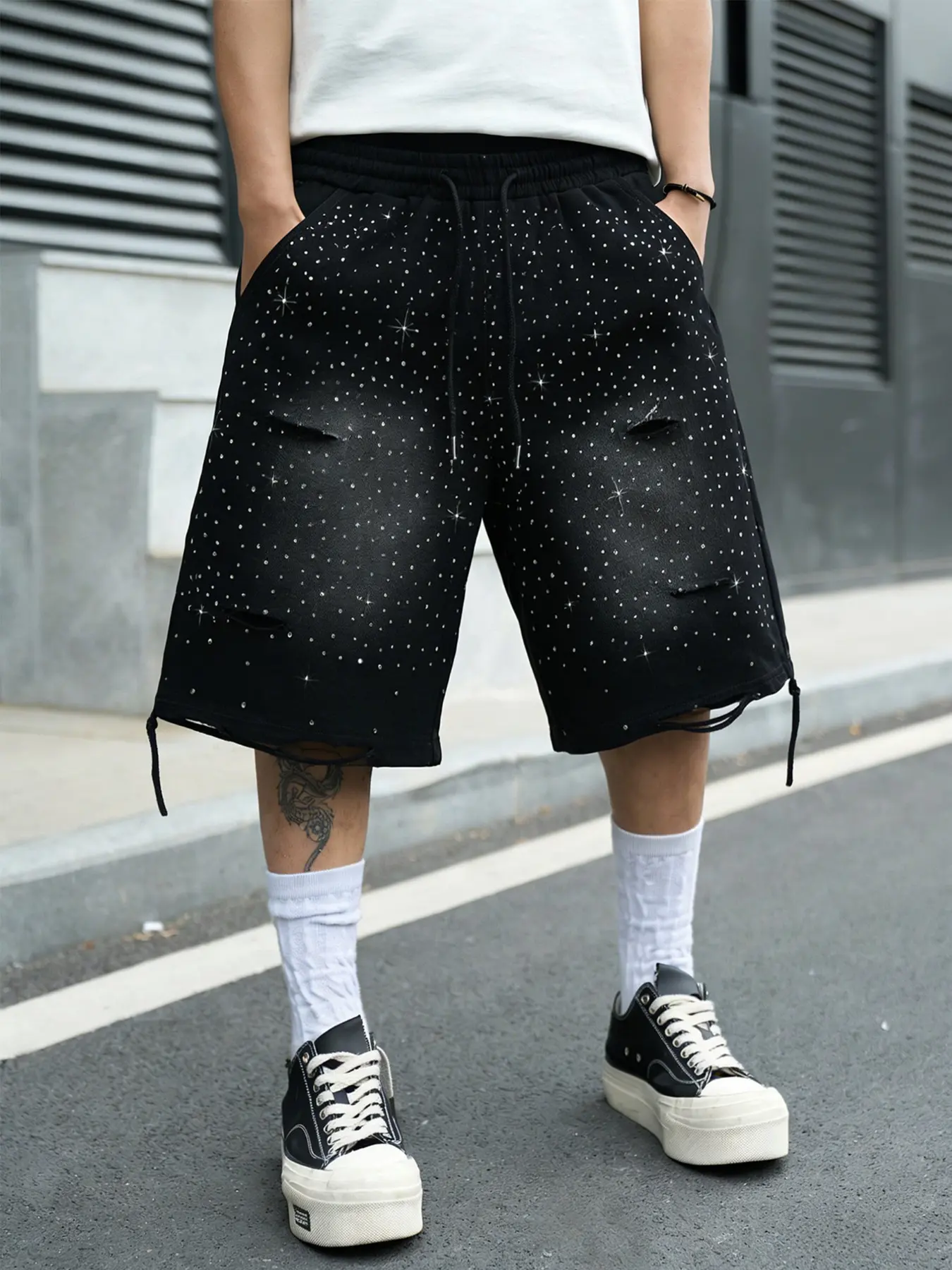 Unisex Black Rhinestone Distressed Shorts, Casual Stretch Shorts, Loose Sparkle Streetwear Shorts with Adjustable Drawstring Waist, Goth Punk, Y2K Retro Style, Summer Casual, Festival Outfit, Beach Ready, Fashion Lovers Shorts, Elastic Waist Short