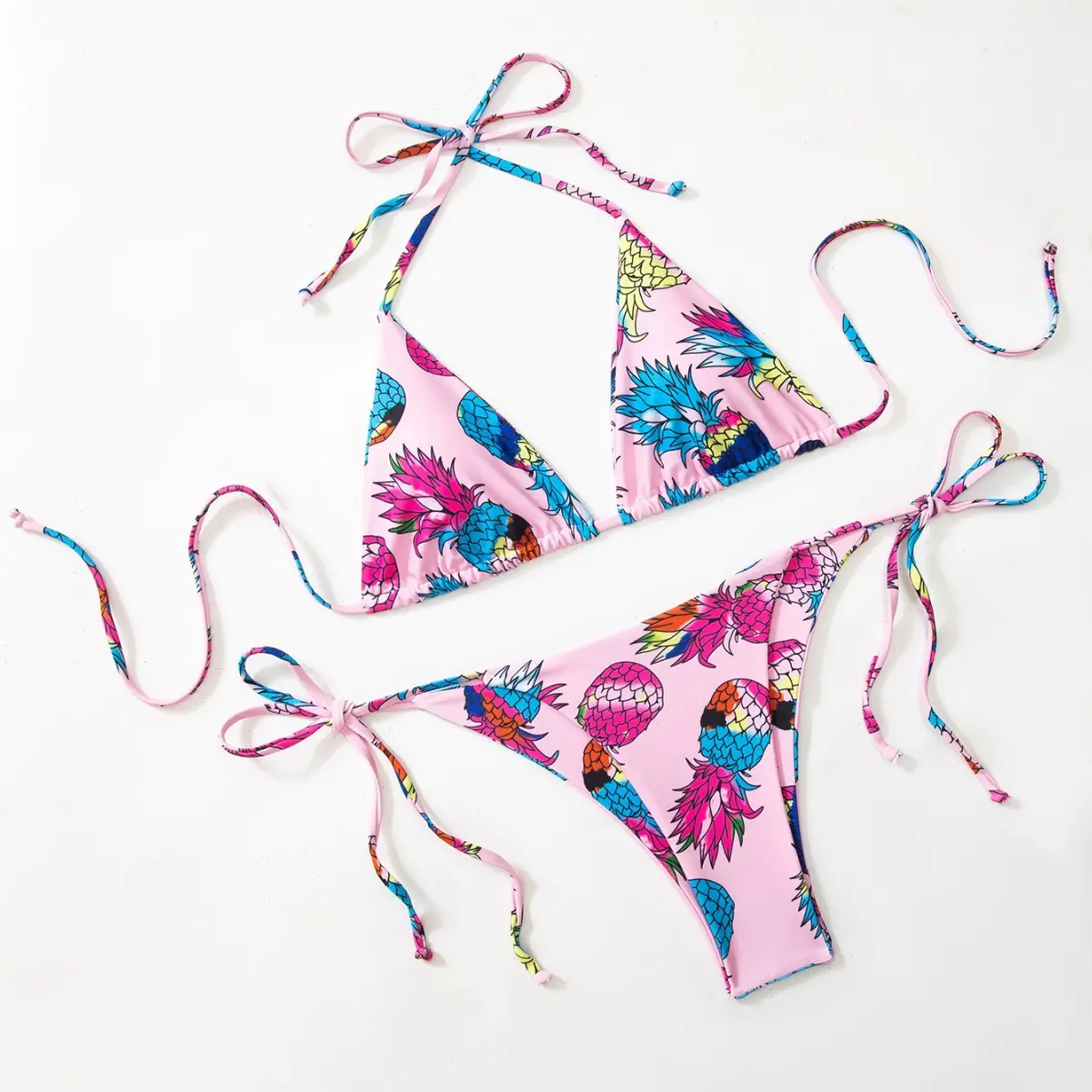 Women's pineapple fruit print bikini two-piece set swimwear with tie straps
