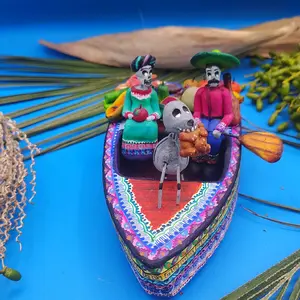 Handcrafted Prehistoric Pottery Figurine - Artisanal Barro Moldeado Decorated by Hand - PreHISPANIC Artwork on Colorful Boat