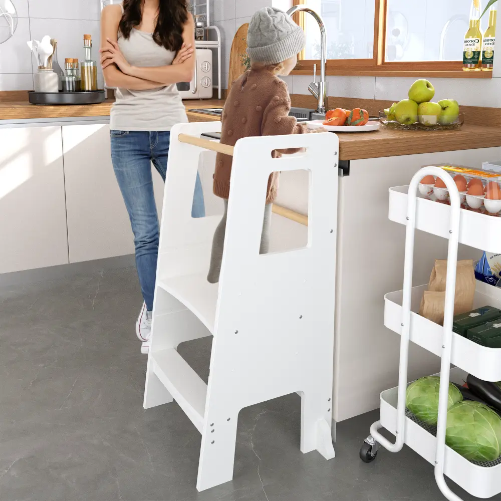 Kids Standing Tower, Child Kitchen Step Stool Toddler Wood Stepping Stool - Children's Montessori Stool - Adjustable Height, Ideal Kids Kitchen Step Stool for Learning New Skills, White Furniture Home