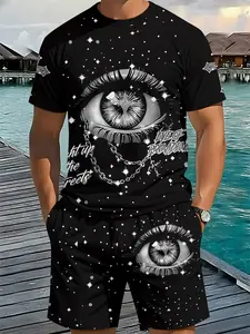 Night Starry Eyes Full Print 3D Digital Printing Two-Piece Top Set, 2Pcs, Trendy and Fashionable Set, Trendy Retro Casual Two-Piece Set, Vacation Style Trendy Outfit, Breathable Fitted Sports Casual Style, a perfect holiday gift for men