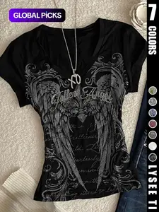 Women's V Neck Short Sleeve Graphic T-Shirt, Fashionable Fitted Design, Perfect for All Seasons, Ideal for Casual Wear & Daily