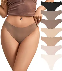 Women's Low Rise Seamless Thong, Laser Cut Scalloped Edge No Show Underwear, Soft Ribbed Stretch Breathable Cotton Lined, Neutral Multipack 7-Pack