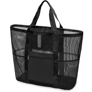 XL Mesh Beach Tote Bag w/9 Pockets - Sandproof & Water-Resistant Tote Bag for Pool, Vacation, Cruise Essentials | Folds Compact for Travel Picnics Camping Upgraded Design