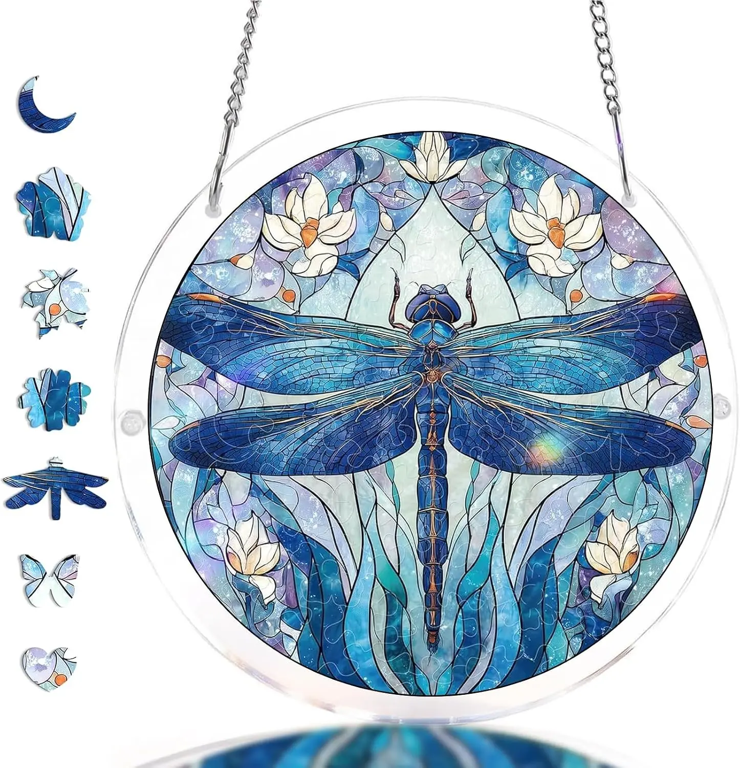 Acrylic Jigsaw Puzzle Kit - Blue Dragonfly & Water Lily Stained Glass Jigsaw Set, 7.3in Window Hanging, Home Decor Gift for Women (Mom, Wife)
