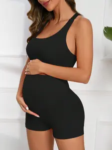 Maternity Solid Ribbed Sports Bra & Shorts Set, Casual Comfy Breathable Seamless for Yoga Gym Workout, Maternity Clothes for All Seasons, Maternity Outfits, Maternity Clothing, Pregnancy Clothes