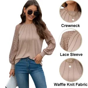 Women's Top Contrast Lace Long Sleeve Half Button Knit Top, Casual Round Neck Knitwear for Spring & Fall, Chic Knitting Tops, Women's Knit Clothing for Daily Wear Womenswear Underwear