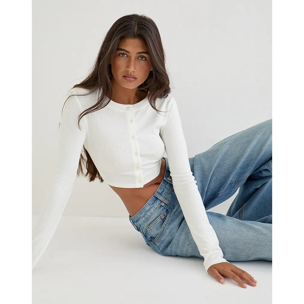 Badia Long Sleeve Cropped Cardigan in Pointelle Knit White