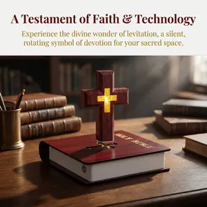 Magnetic Levitation Bible & Cross LED Lamp, Floating Christian Desktop Decor Light with Wood-Grain Base, Religious-Themed Novelty Lighting Gift for Home Use