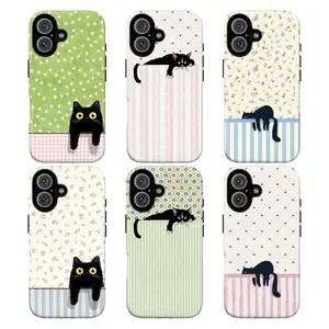 Whimsical Black Cat Phone Case – Cute Kitty Illustration & Floral Vintage Aesthetic Cover for iPhone 11 12 13 14 15 Pro Max X XS & Samsung Galaxy S21–S25 Plus Ultra | Cottagecore Cat Lover Gift