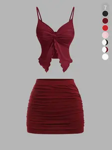 Women's Solid Color Knitted Twisted Split-Front Tube Style Spaghetti Strap Crop Top & Pleated Skirt Coordinated Set (Casual Chic Fashion Comfortable Matching Slim Two-Piece Outfit, Suitable for Daily Outdoor Wear, Summer Women's Clothing)