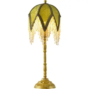 Vintage Tasselled Table Lamp with Beaded Shade, 3 Color Temperatures, Green and Gold, Victorian Style-C